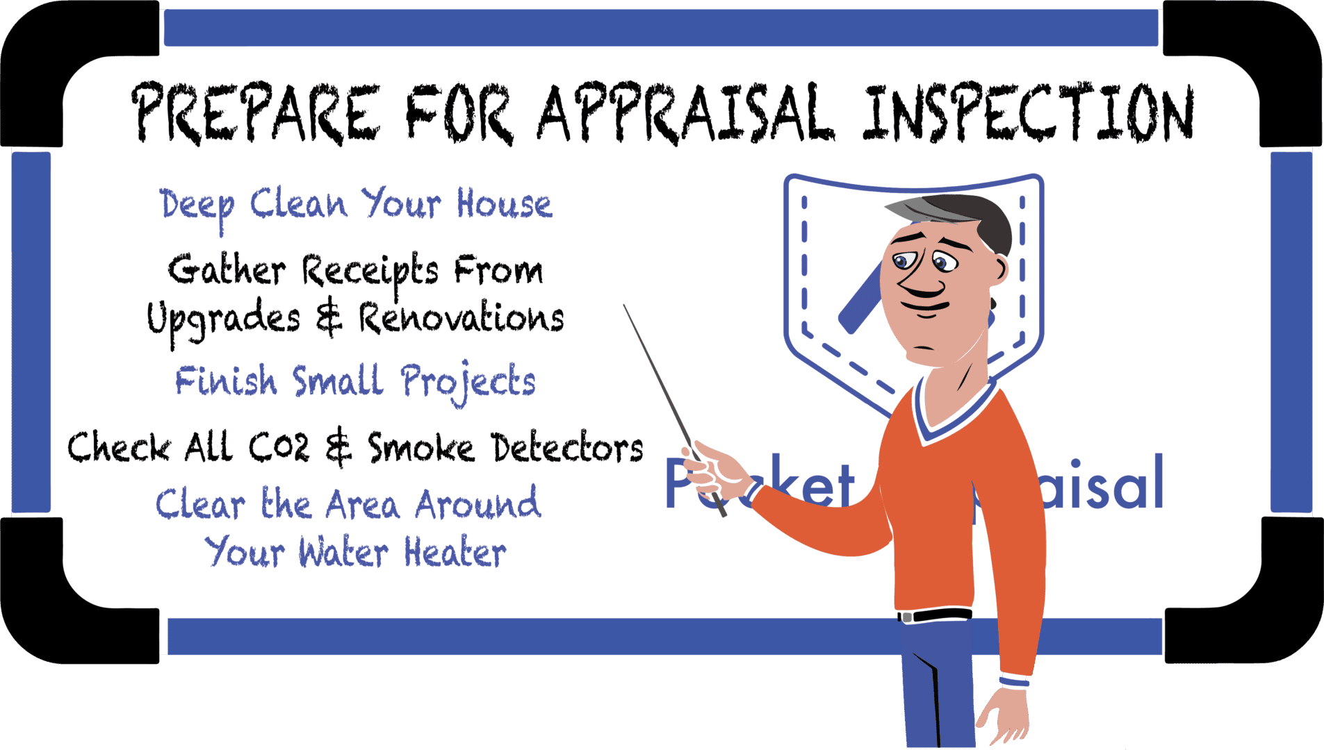 Cartoon man pointing at appraisal inspection checklist