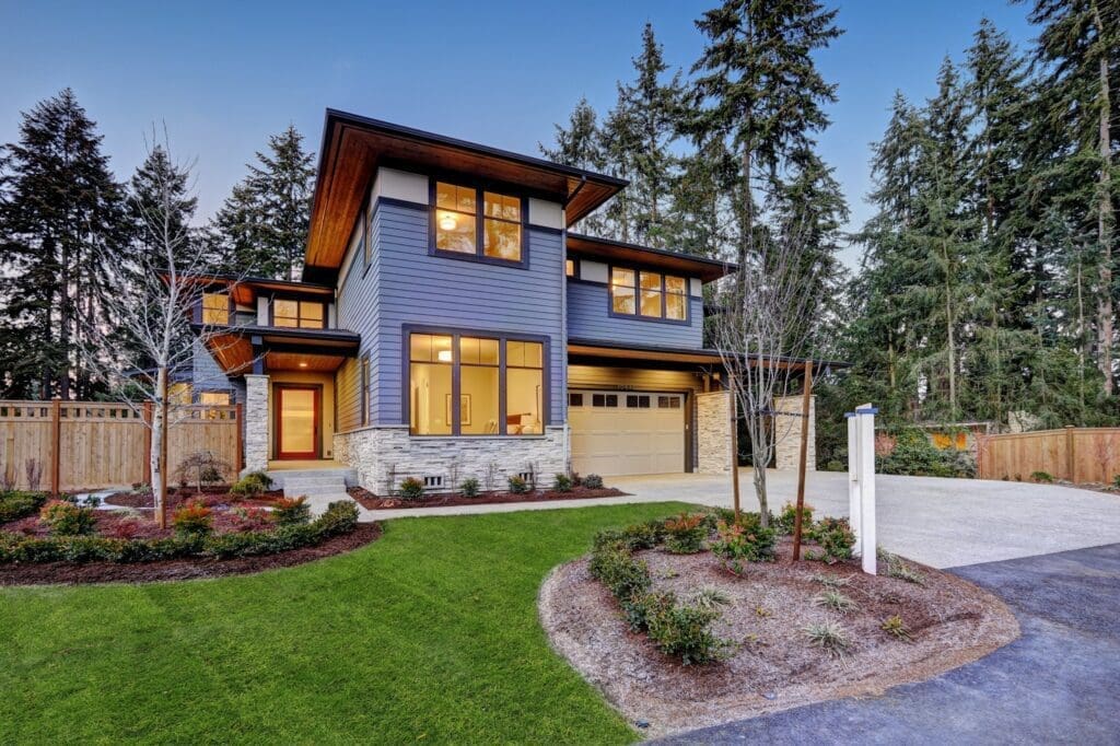 Modern two-story house with landscaped yard