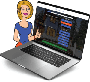 Cartoon woman giving thumbs-up beside laptop