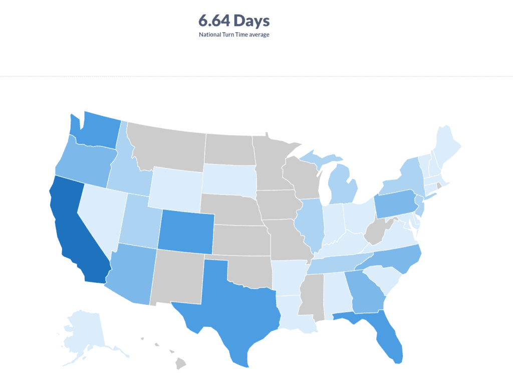 US map showing 6.64-day national turnaround average