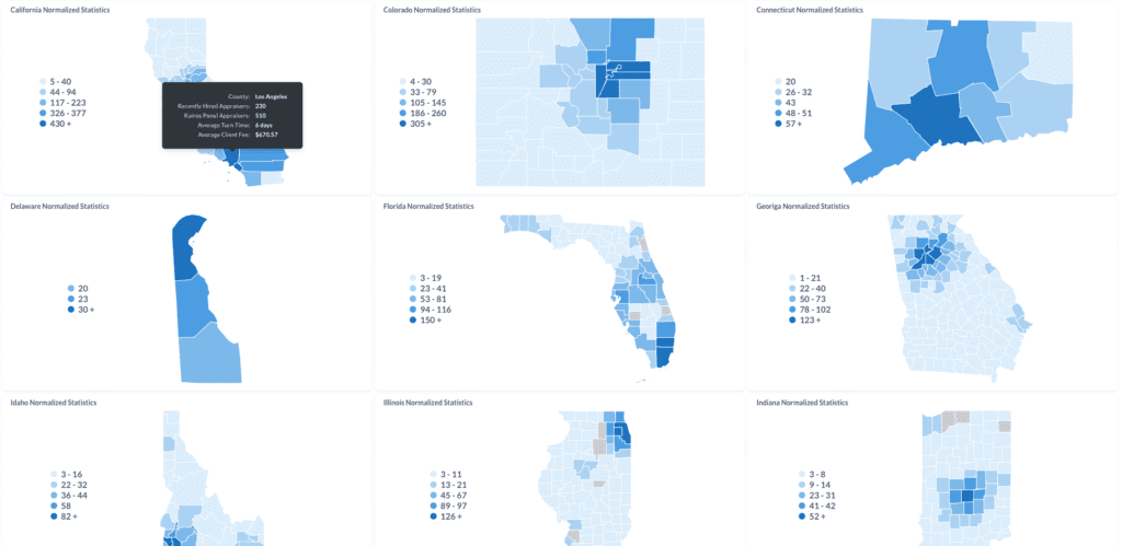 Dashboard of blue choropleth maps for US states