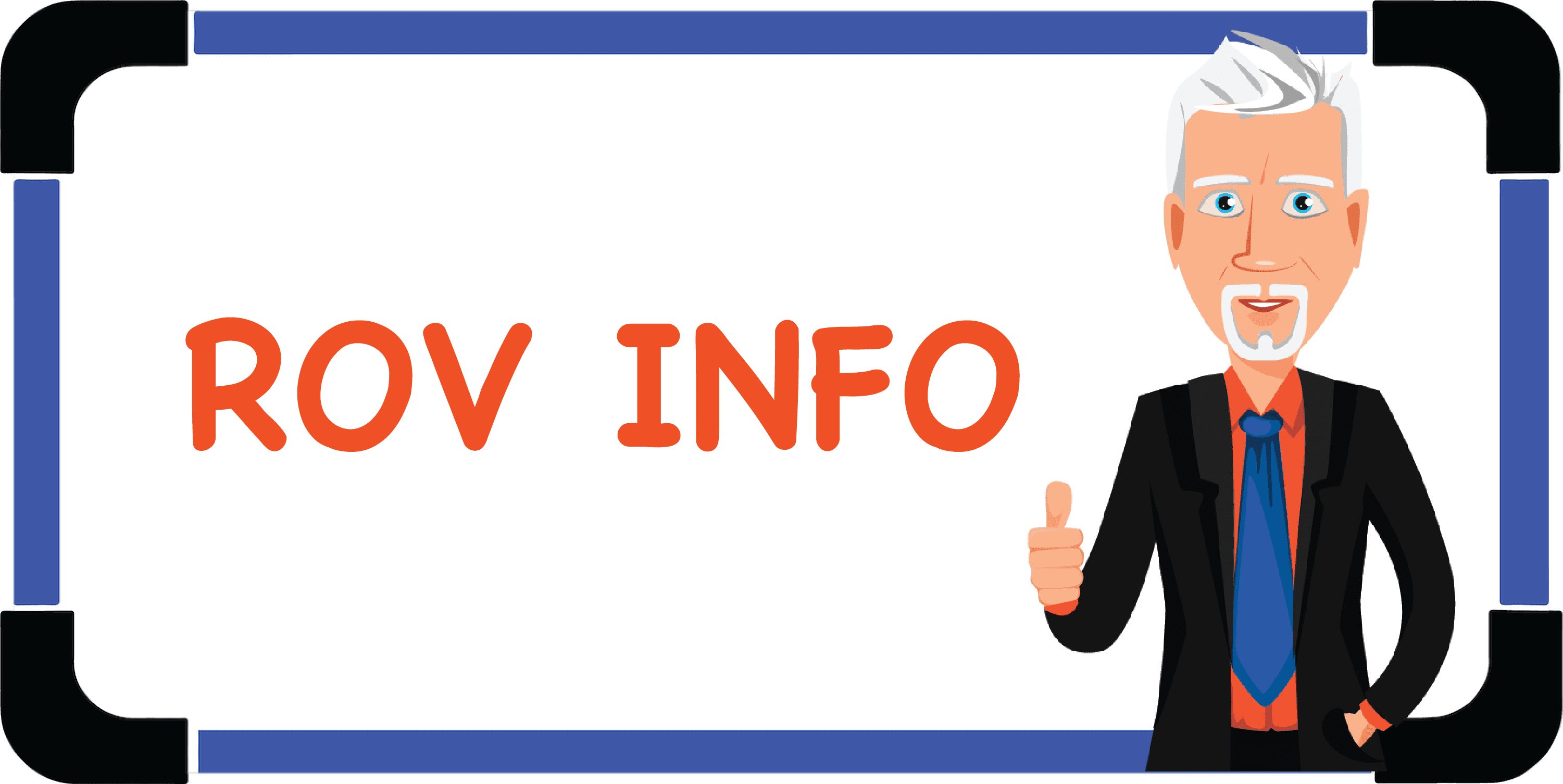 Cartoon man giving thumbs up beside ROV INFO