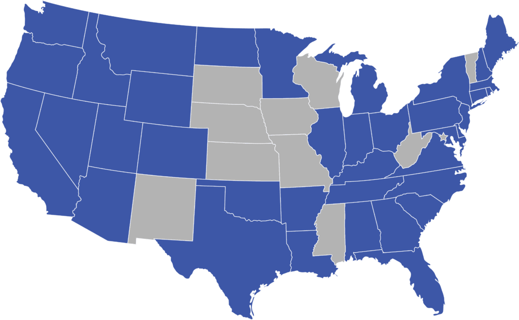 US map with blue and gray states