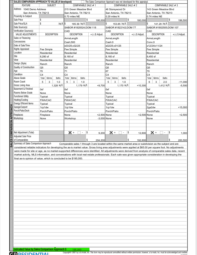 Residential appraisal sales comparison worksheet page